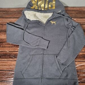 PINK Victoria's Secret Full Zip Sherpa Lined Hoodie Gold Dog Gold Logo XS
